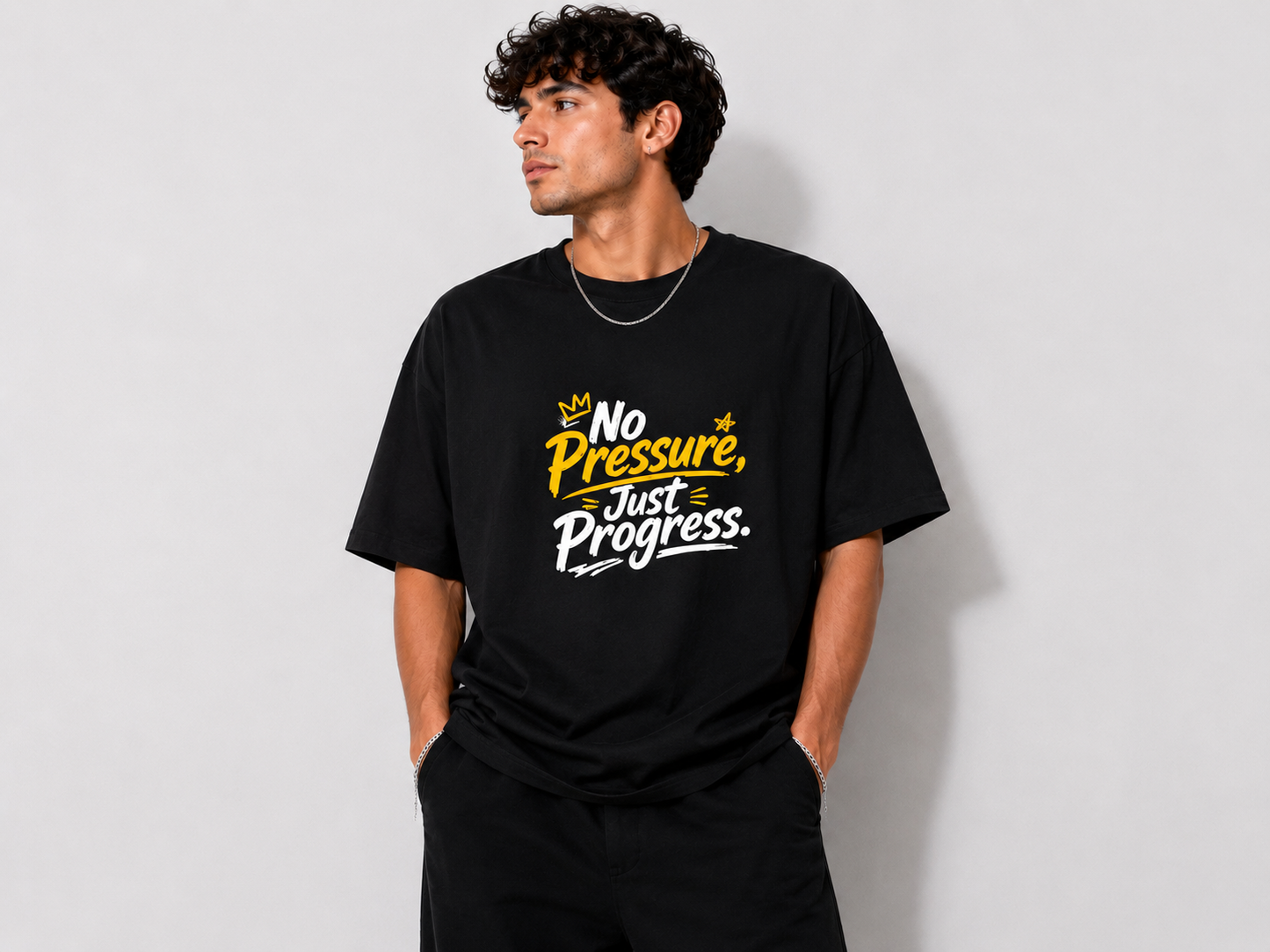 No Pressure Just Progress Motivational Graphic Unisex Oversized  T-Shirt