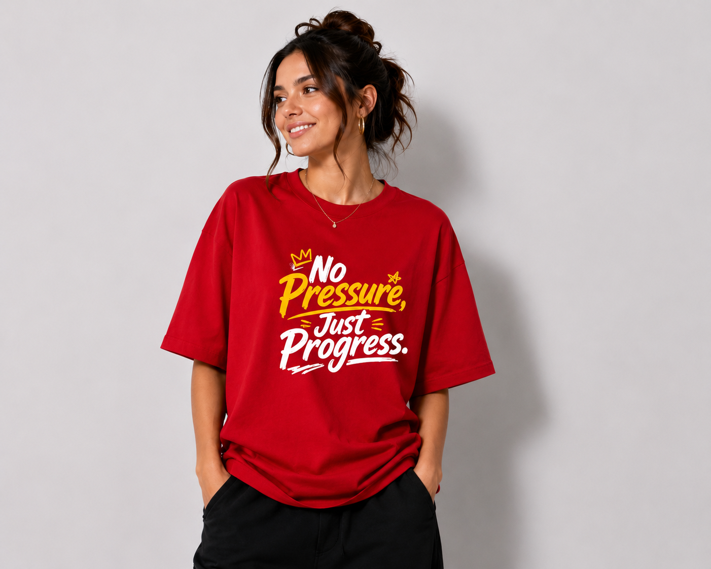No Pressure Just Progress Motivational Graphic Unisex Oversized  T-Shirt