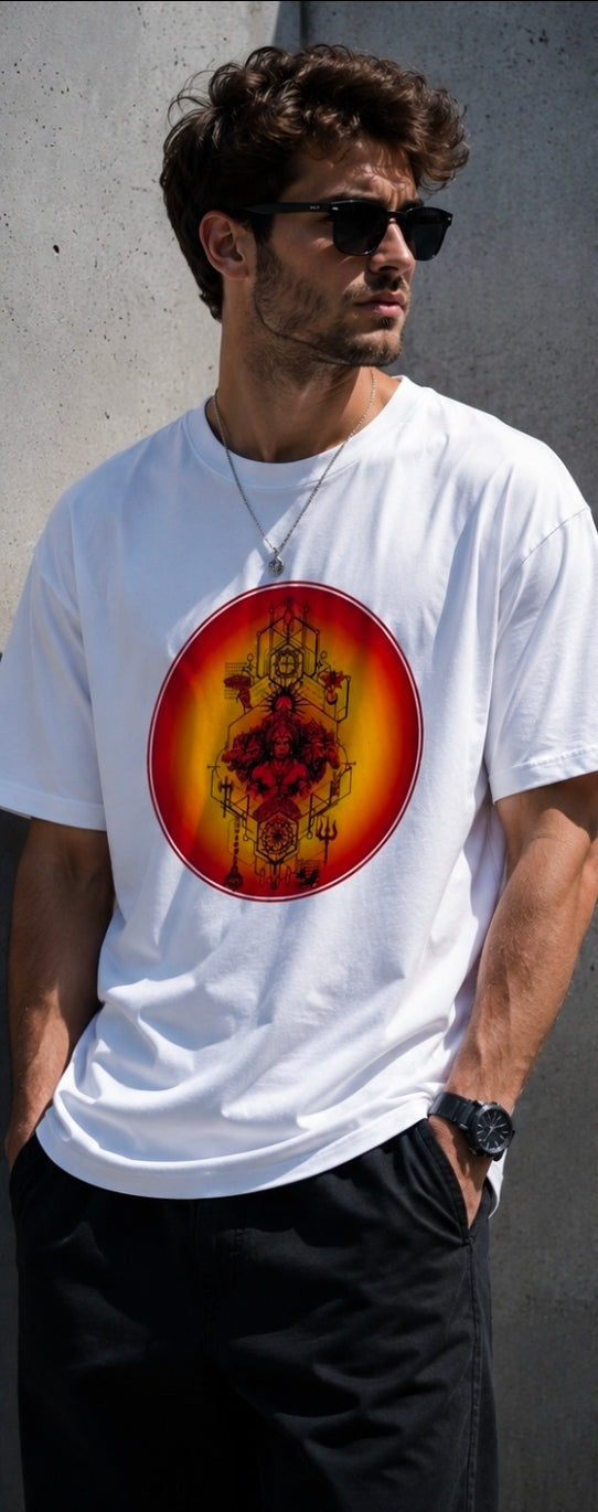 Divine Energy Oversized White Spiritual Graphic T-Shirt for
