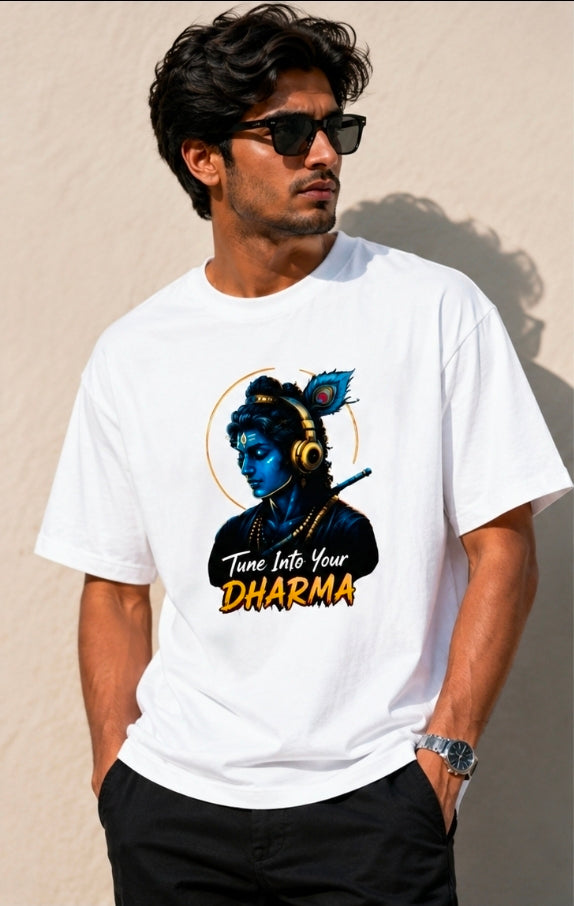 Tune Into Your Dharma Oversized White Graphic T-Shirt for UNISEX