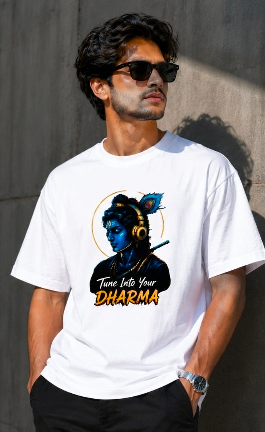 Tune Into Your Dharma Oversized White Graphic T-Shirt for UNISEX